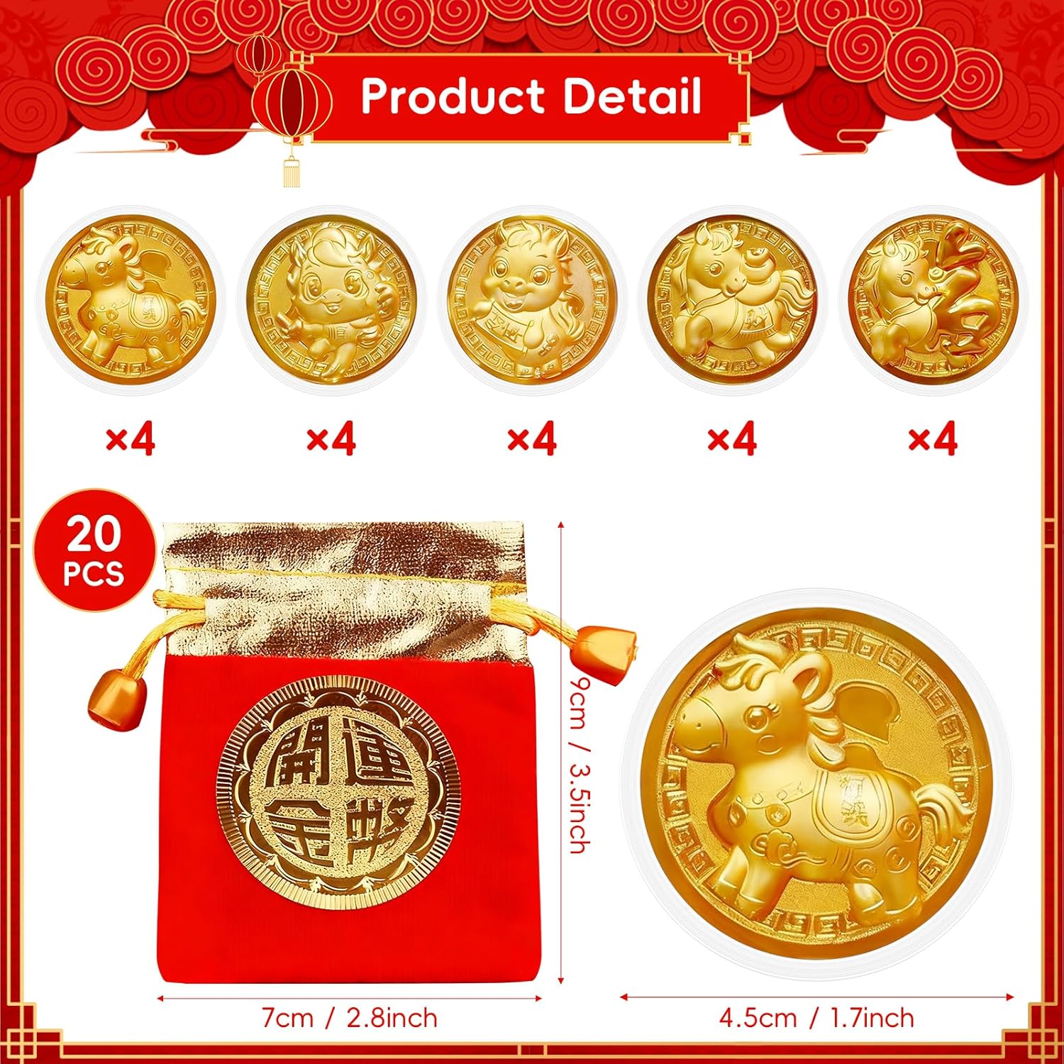 Chinese New Year Coins 2026, Chinese Year of the Horse Coins, 20PCS Lunar New Year Gold Coin Decorations, Zodiac Horse Coin with Fu Bags for Spring Festival Party Gifts Collection Souvenir